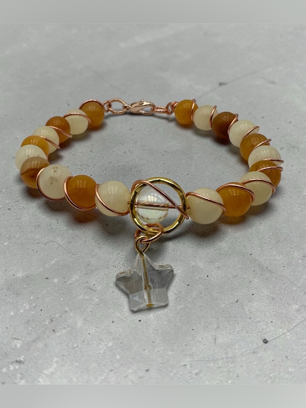 Handmade Beaded Bracelet with Crystal Star Charm, Gold Wire Wrap